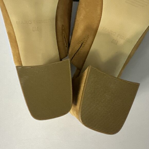 Marc Fisher Peep Toe Suede Block Heel Shoes Dafne In Cognac Mule 8M Sandal NWOB - Picture 7 of 7